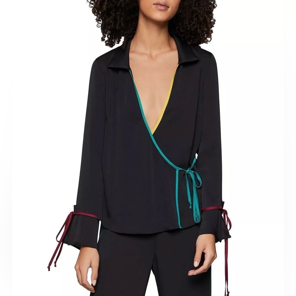 BCBGeneration Wrap Blouse Medium Black Tie Front Color Trim Long Sleeve Top